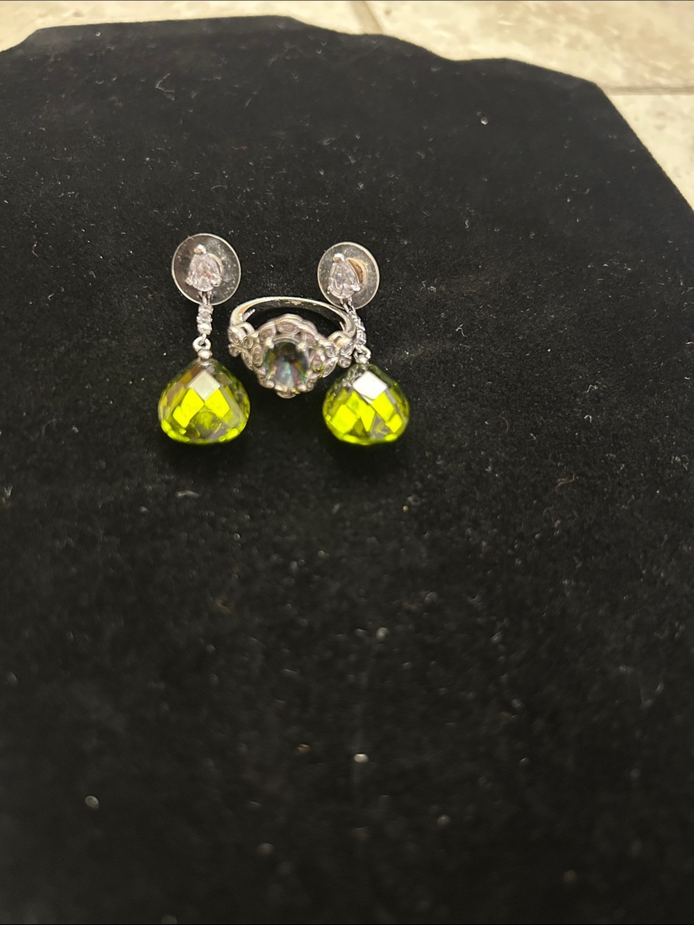 Silver-Tone Ring with Lime Green Faceted Stone